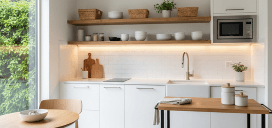 Photograph of a smart sustainable and minimalist small kitchen featuring white cabinetry light wood accents and a large window overlooking lush greenery
