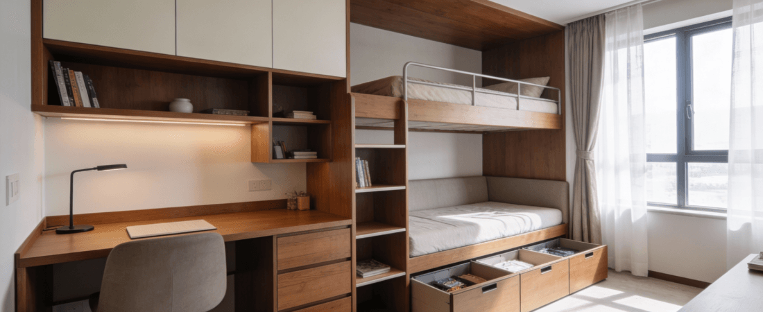 Small room makeover Photograph of a modern space saving room featuring an integrated wooden loft bed desk shelving and daybed designed for compact living and productivity