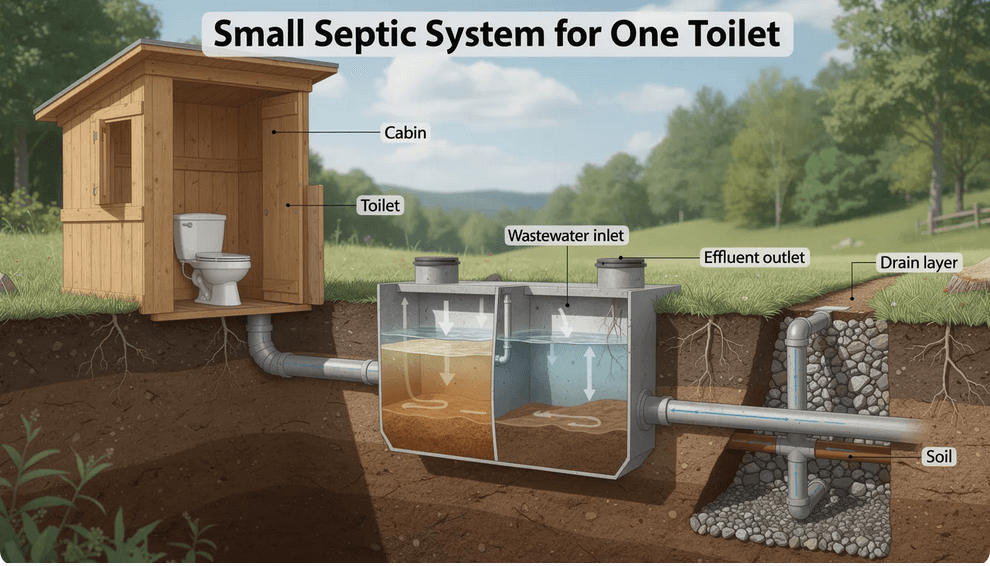The image depicts a small septic system designed for one toilet featuring a compact septic tank and drain field setup This efficient wastewater treatment solution is ideal for remote locations like cabins and pole barns utilizing aerobic bacteria to safely break down human waste