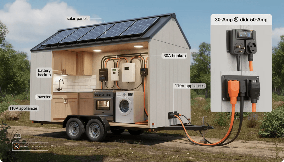 The image depicts a tiny house with solar panels installed on its roof showcasing a sustainable energy solution for tiny house living Nearby a power pedestal illustrates how tiny house owners can connect to grid power with an emphasis on the importance of using the correct amperage plugs for safe utility hookups