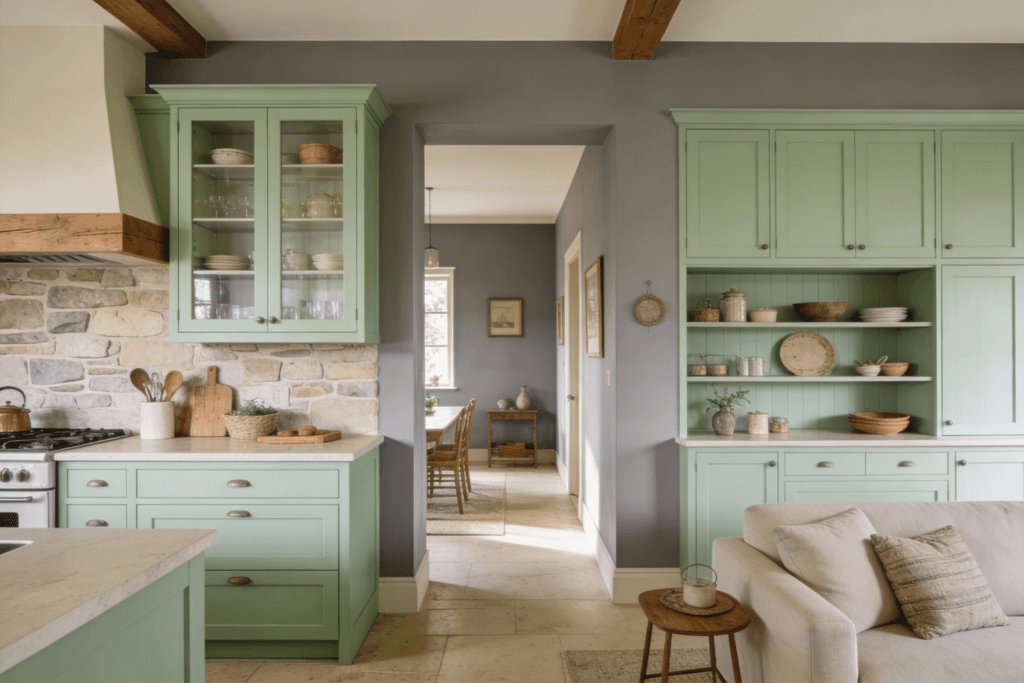 Soulful earthy kitchen and living space interior designed with grounding color tones  soft sage greens and warm gray painted walls creating a calm welcoming atmosphere A light and airy kitchen layout using pale earthy shades to maximize brightness and openness paired with clever built in storage open shelving and integrated cabinetry for a clean and functional design Natural wood accents subtle stone textures and simple handcrafted decor details Soft natural light serene and grounded mood cozy yet practical cottage inspired interior high detail warm and inviting soulful home scene