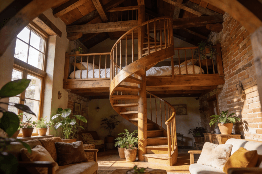 Photograph of a cozy rustic interior featuring a prominent wooden spiral staircase leading to a loft bed surrounded by natural light plants and comfortable seating