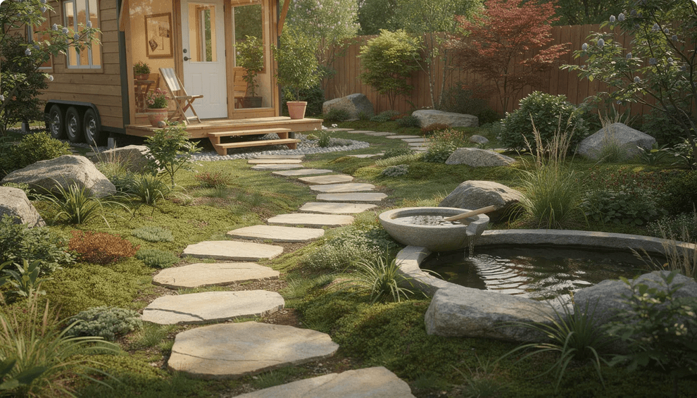The image depicts a miniature stroll garden featuring carefully arranged stepping stones guiding visitors through a small space adorned with lush plants larger rocks and a tranquil water feature embodying the essence of traditional Japanese gardens The vibrant greenery alongside elements like moss and raked gravel creates a serene outdoor space that reflects Japanese culture and design principles