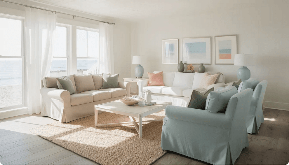 The image showcases a beautifully decorated beach cottage interior featuring a soft sun washed color palette of crisp whites sandy neutrals and pale blues The light and airy atmosphere is enhanced by the warm white walls and light colored ceiling while charming accessories in coral and sea glass green add pops of color embodying the relaxed coastal living vibe