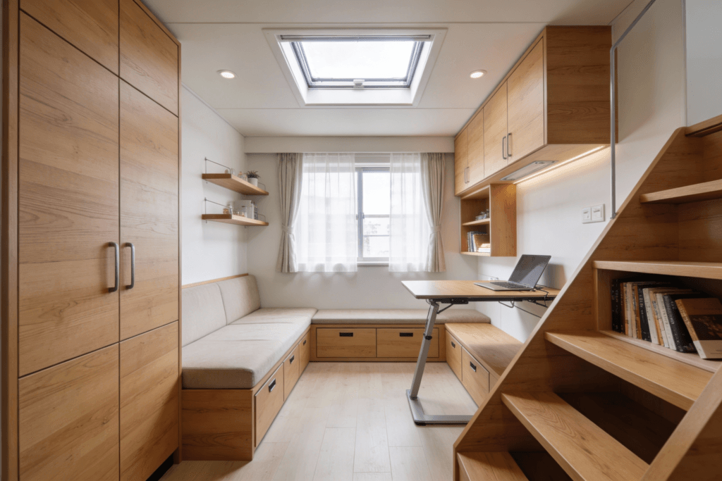 Photograph of a bright minimalist tiny home interior showcasing clever integrated wooden storage solutions a cozy living area and natural light emphasizing efficient and comfortable living