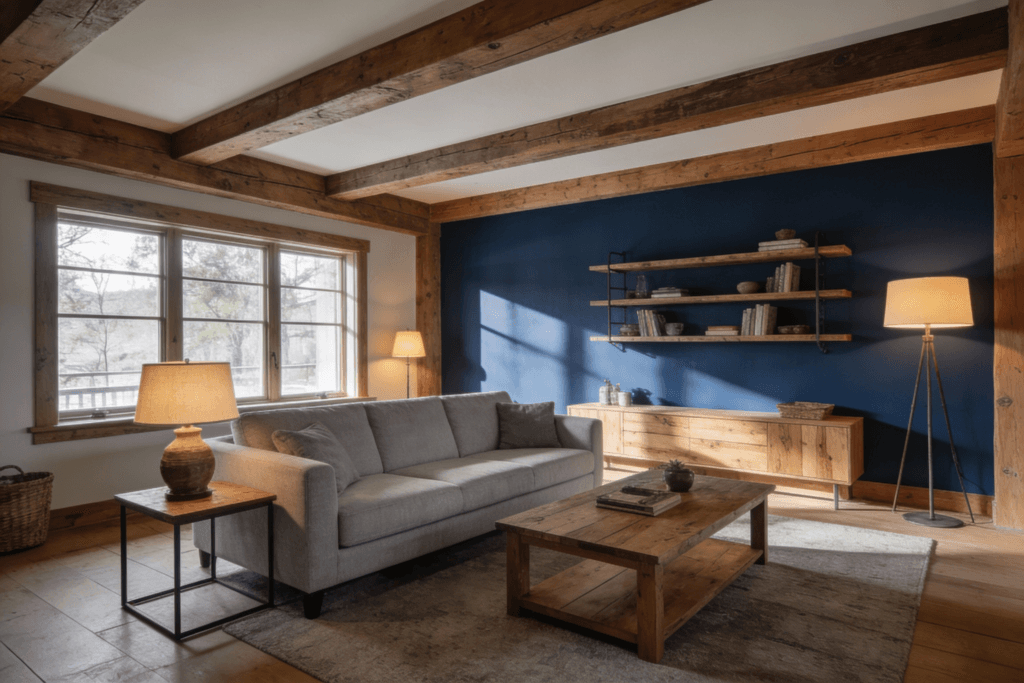 The navy accent wall Photograph of a cozy modern rustic living room featuring a light grey sofa a dark blue accent wall natural wood elements and warm lighting creating a serene and inviting atmosphere