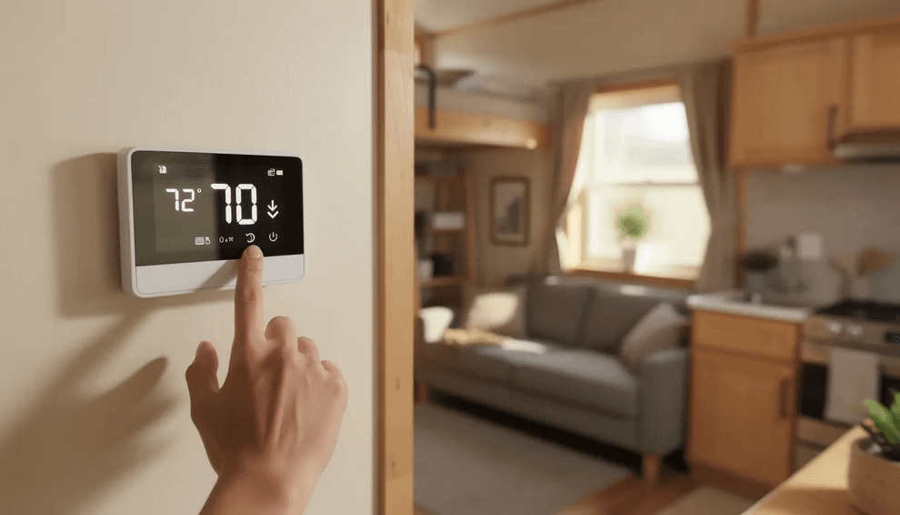 An image showing a thermostat being adjusted down by one or two degrees symbolizing frugal living tips to save money on electric bills in smaller spaces like tiny homes The scene emphasizes the idea that small changes can lead to big savings in household expenses