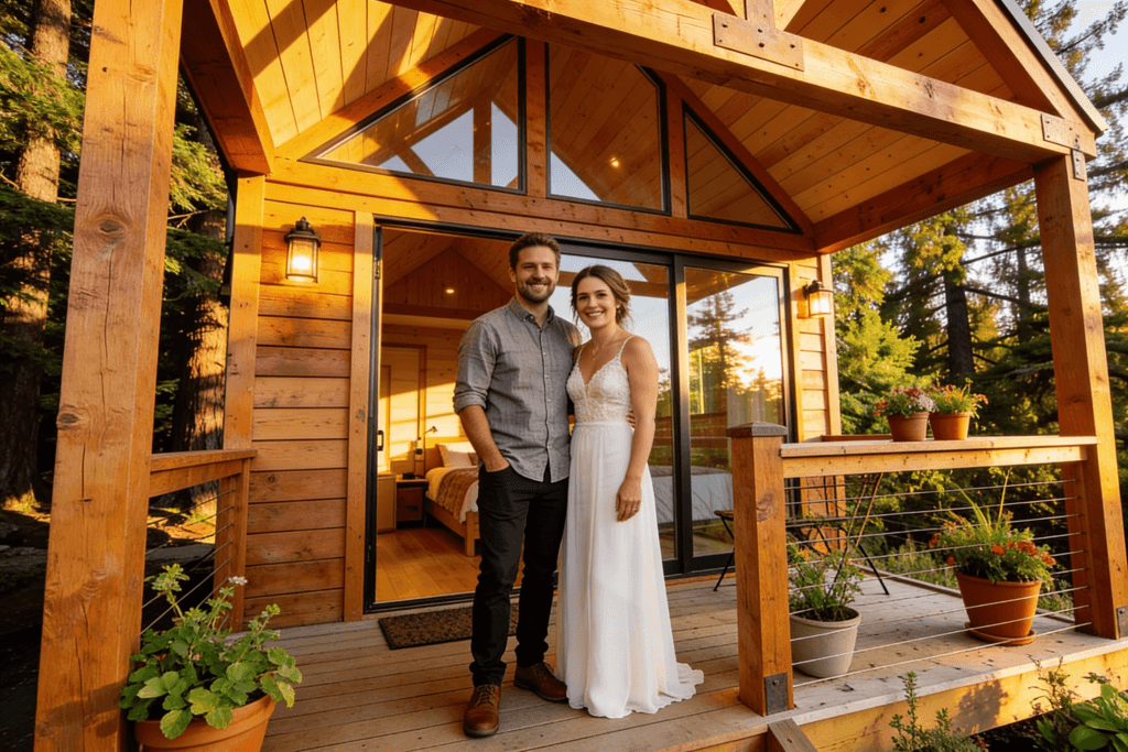 A newlywed couple stands proudly in front of their timber framed tiny house showcasing its natural wood accents and high ceilings The inviting structure nestled among trees in Northern California reflects their hard work and dedication to tiny home living creating a warm space for their new life together