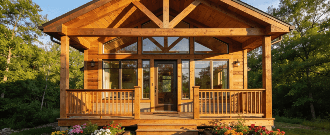 A front view of a timber tiny house