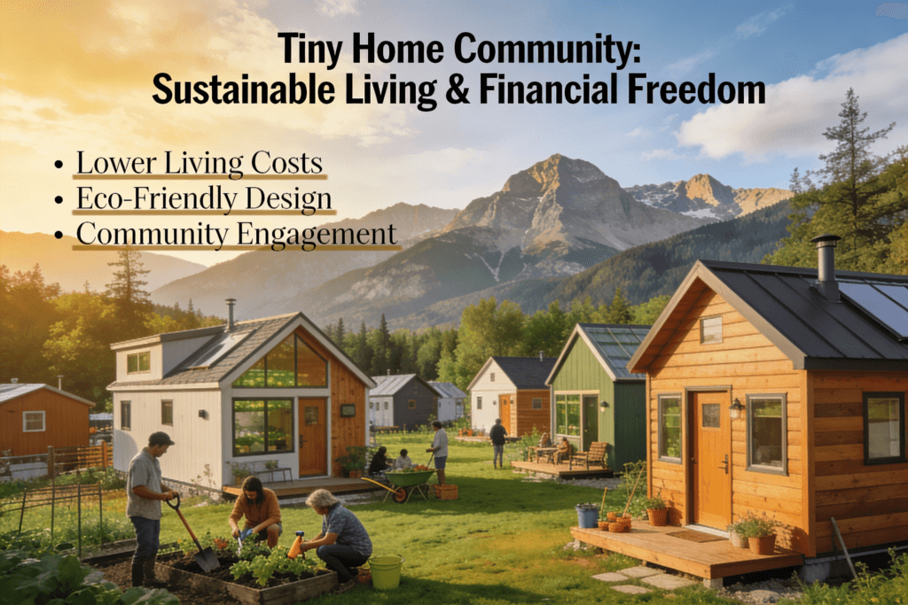 Tiny home cost savings Illustration and rendering showcasing the financial and lifestyle benefits of tiny homes featuring a community enjoying sustainable living amidst a natural mountainous landscape
