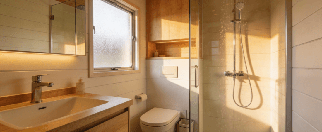 Tiny house bathroom Photograph of a brilliant modern tiny house bathroom showcasing smart space saving design clean aesthetics and functional luxury with natural wood and neutral tones