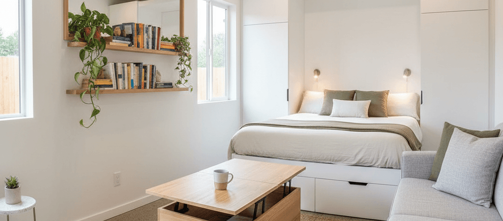 Tiny house decor Photograph of a bright modern studio apartment showcasing space saving multi functional furniture including a wall bed lift top coffee table and compact sofa emphasizing efficient living