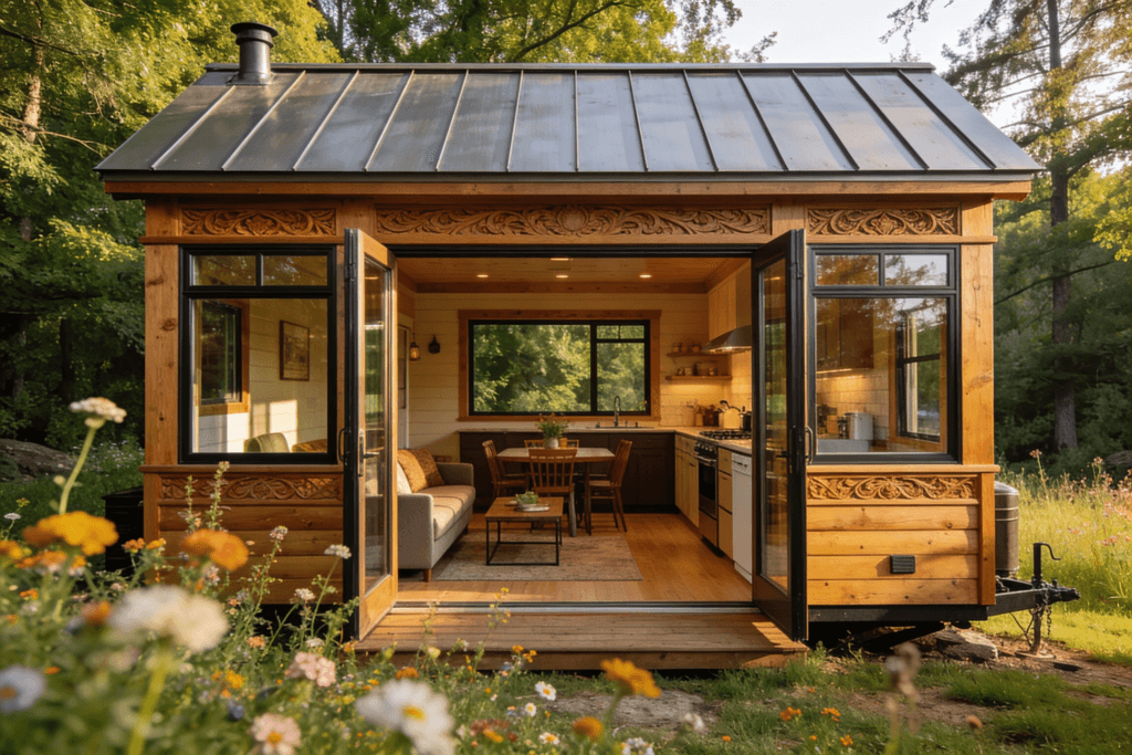 An image depicting a cozy tiny house surrounded by nature showcasing its quality craftsmanship and open floor plan This tiny home serves as a perfect example of affordable living emphasizing the benefits of tiny home communities and the joy of living intentionally in a compact space