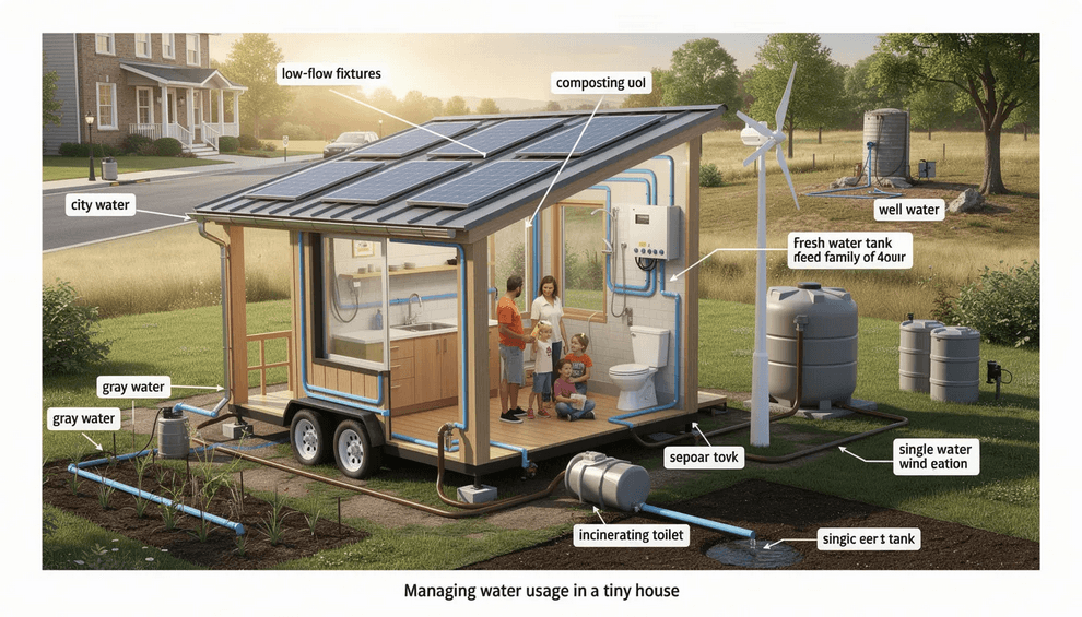 The image depicts a tiny house with solar panels installed on the roof surrounded by a lush garden designed for water conservation It illustrates various water saving features such as low flow kitchen fixtures and a composting toilet emphasizing the importance of managing water usage in tiny house living especially for off grid options like rainwater collection and septic systems