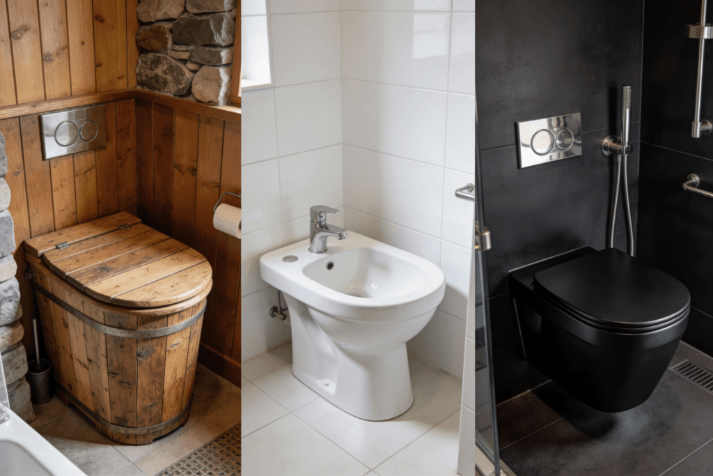 Tiny house toilet options Photograph showcasing three distinct toilet styles and bathroom aesthetics a rustic wooden composting toilet a modern white bidet equipped toilet and a sleek dark contemporary toilet emphasizing design versatility