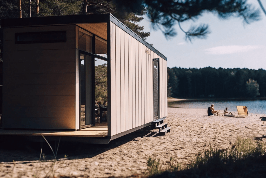 Tiny house on wheels adventure Photograph of a modern sustainable tiny house on wheels situated on a serene beach at the edge of a lush forest with people enjoying outdoor activities