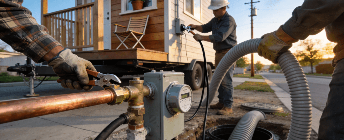 A closeup of people working on a tiny house