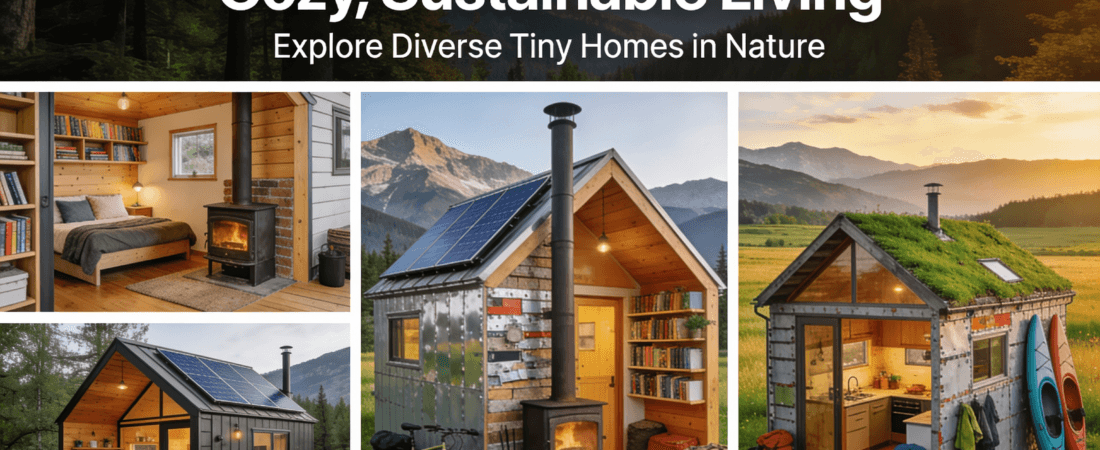 Top 20 tiny house inspiration ideas Collage showcasing diverse tiny house inspirations in various natural settings highlighting cozy interiors sustainability and adventurous lifestyles for marketing content
