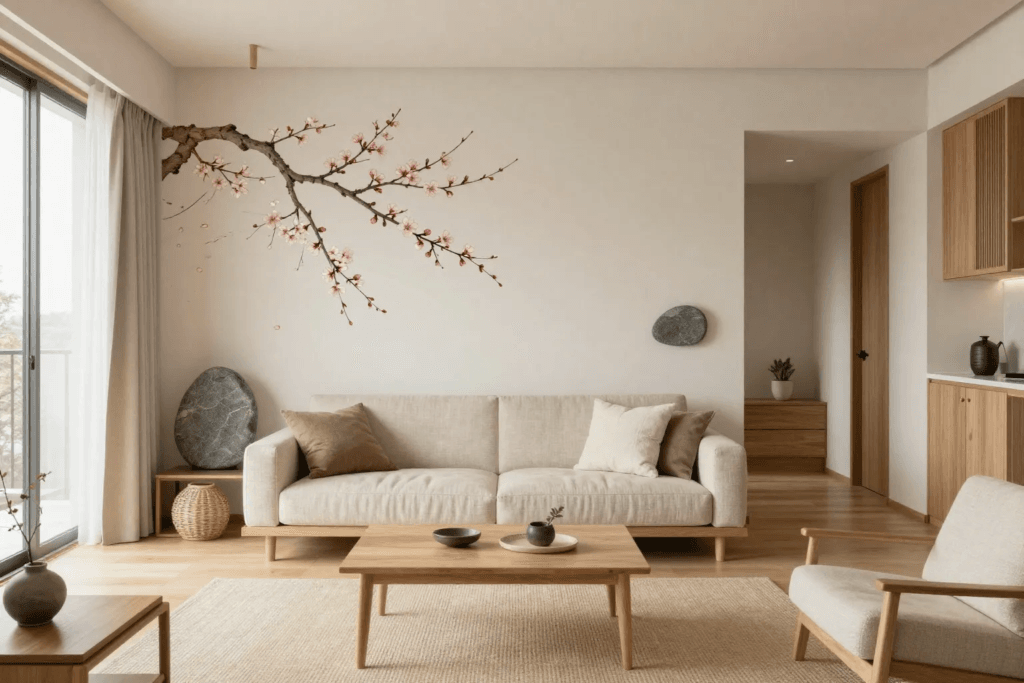 Cherry blossom motif on a white wall