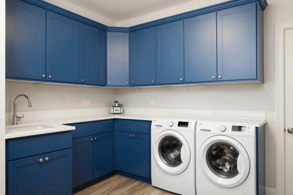 Laundry room with two tone blue cabinets dark lower and light upper