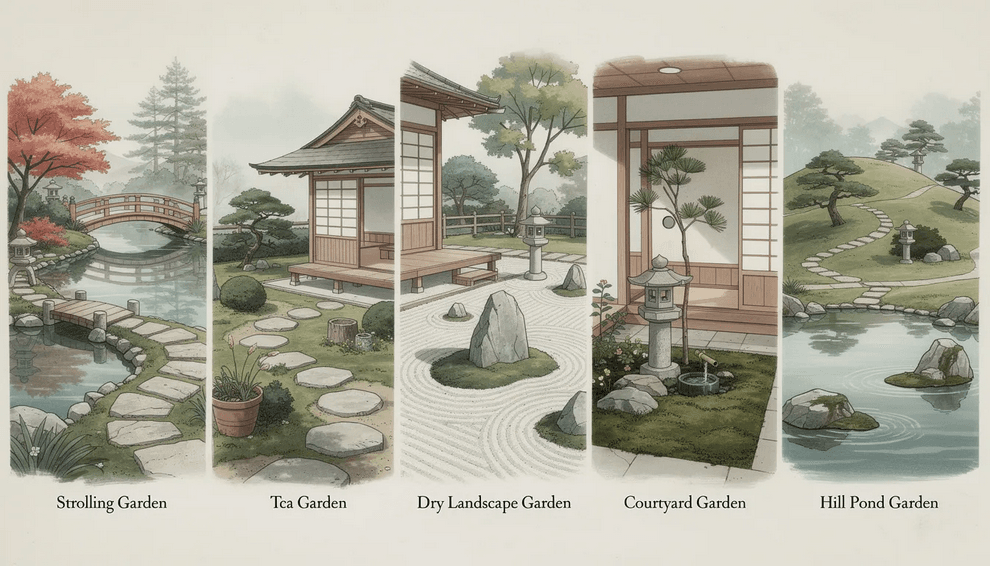 The image showcases a serene Japanese garden featuring a winding path lined with stepping stones surrounded by lush greenery and traditional elements such as larger rocks and a tranquil pond This picturesque setting embodies the essence of a strolling garden inviting visitors to explore its natural beauty and enjoy the peaceful atmosphere