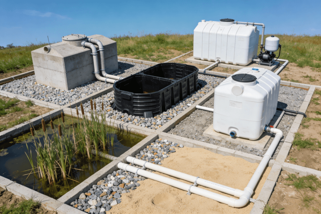 The image showcases various types of septic systems including conventional systems with a septic tank and drain field chamber systems that use open bottom chambers and aerobic systems that enhance treatment through oxygen introduction Additionally it highlights alternative septic systems like sand filters and constructed wetlands designed for challenging soil conditions and effective wastewater filtration