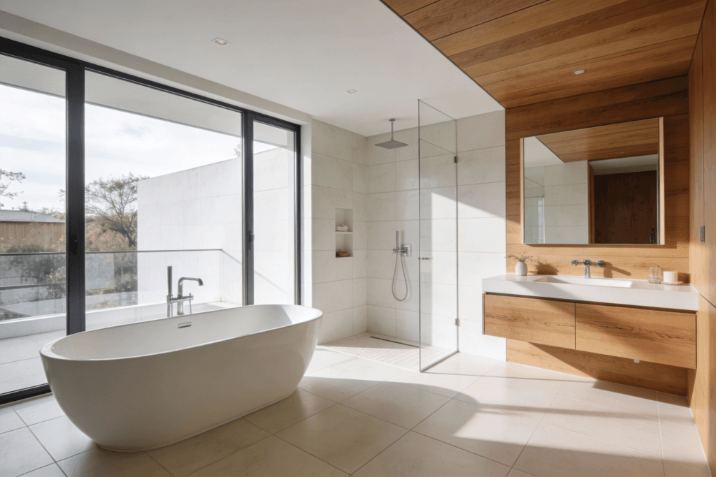 Use light and color Photograph of a modern minimalist bathroom featuring natural wood accents clean lines and bright natural lighting conveying serenity and contemporary design