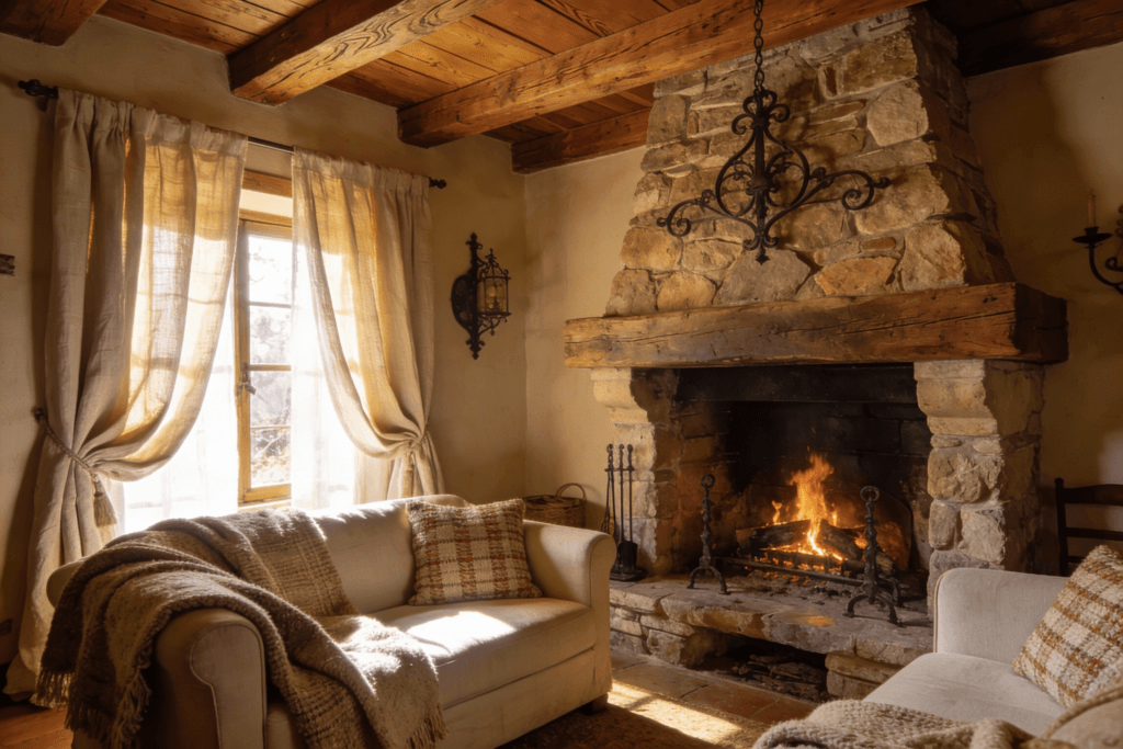 Earthy cottage interior design focused on natural materials and rich textures  soft linen curtains flowing beside the windows cozy cotton upholstered seating layered with chunky wool throws exposed wooden ceiling beams a rustic stone fireplace as the focal point and subtle wrought iron light fixtures and hardware Warm neutral tones soft natural daylight tactile fabrics and raw materials inviting and cozy atmosphere authentic rustic cottage style high detail calm and lived in interior scene