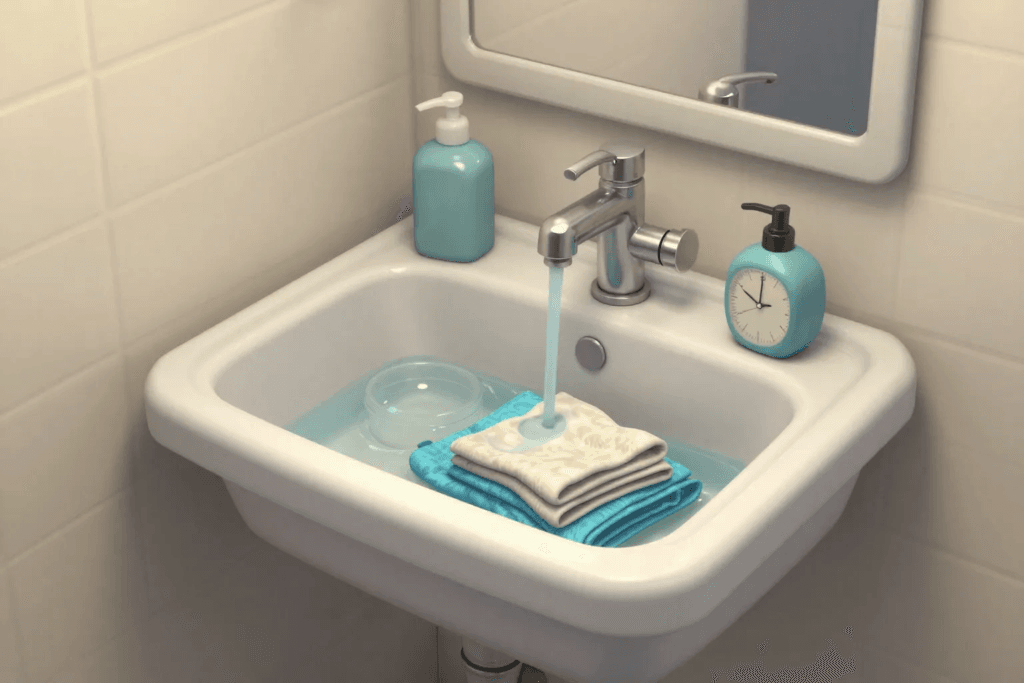 Utility sink installed in Bloxburg laundry room for soaking clothes and hand washing