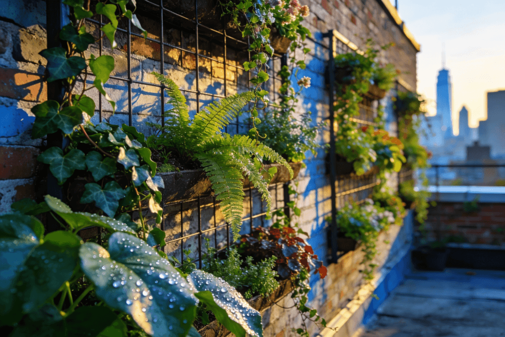 A closeup of a vertical garden