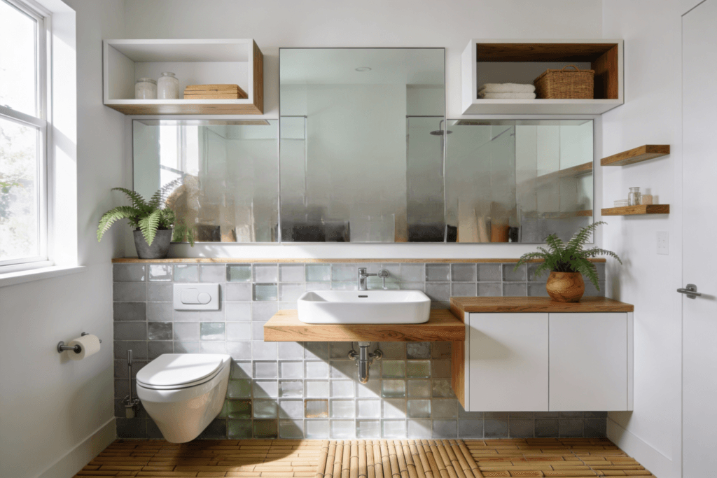 Vertical storage solutions Illustration of a minimalist highly organized bathroom featuring efficient storage solutions natural elements and a mirror reflecting diverse individuals promoting practical and sustainable living