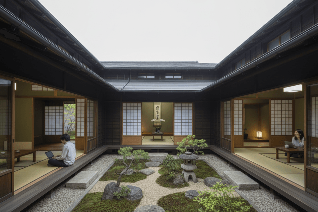 Wabisabi imperfect beauty Photograph of two people in a modern minimalist Japanese style room one working on a laptop the other relaxing with a drink conveying tranquility and balanced living