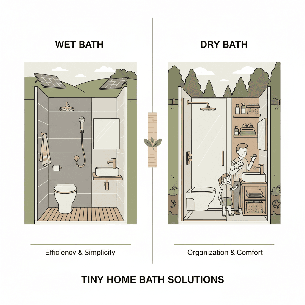 Wet bath vs dry bath Illustration comparing two tiny home bathroom solutions 'Wet Bath' for efficiency and 'Dry Bath' for organization, set in a natural outdoor environment.
