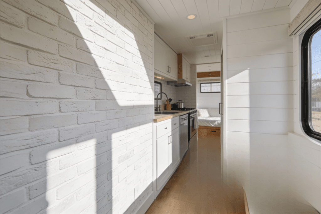 White wall tiny home Narrow white wall tiny home
