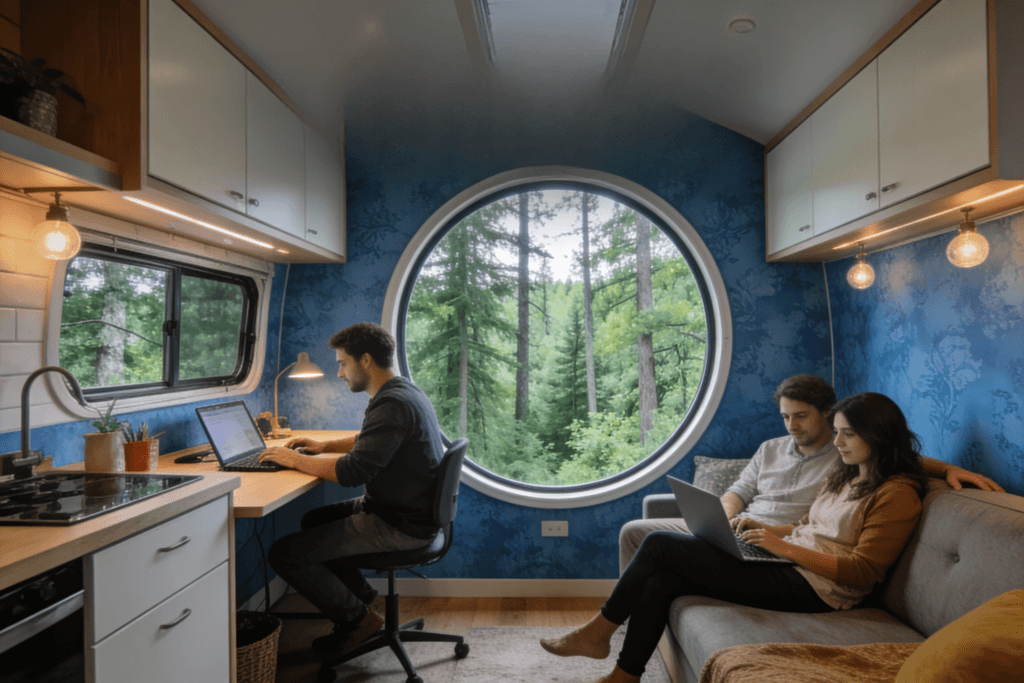 Why blue works in small spaces Photograph of a couple working and relaxing in a modern cozy tiny home featuring a large circular window overlooking a lush forest emphasizing compact connected living