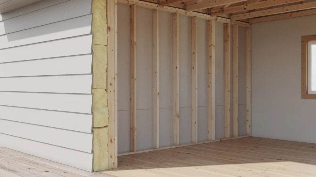 Image The image depicts a comparison of interior and exterior walls in a tiny house showcasing the typical wall thickness ranging from 4 to 5 inches It highlights the sturdy construction of exterior walls with 2×4 wood framing for load bearing support alongside the thinner non load bearing interior walls that utilize 2×3 or 2×2 studs to save space while defining areas like bedrooms and bathrooms