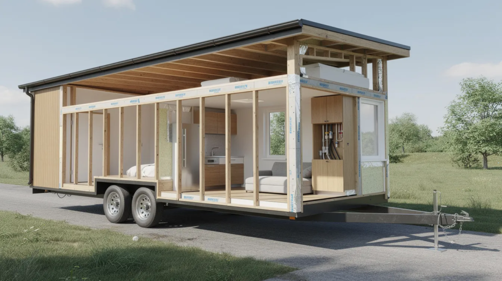 Image The image depicts a tiny house construction site highlighting the importance of wall thickness in the design process Various wall assembly techniques are showcased including different types of insulation like spray foam and rigid foam board emphasizing how they contribute to the structural integrity and thermal performance of tiny house walls