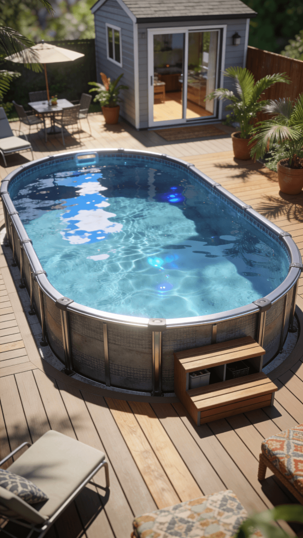 The image showcases a stylish aboveground swimming pool integrated into a beautifully designed patio area highlighting its easy installation and flexibility for tiny home owners This setup enhances the backyard space making it a perfect solution for those looking to enjoy a refreshing swim while maximizing their outdoor area