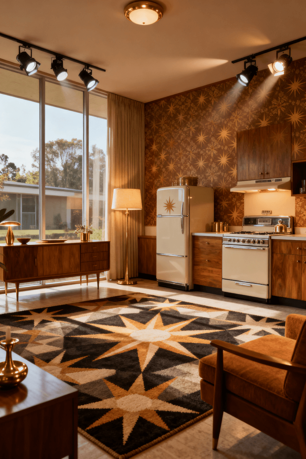 A mid century room with light dimmers