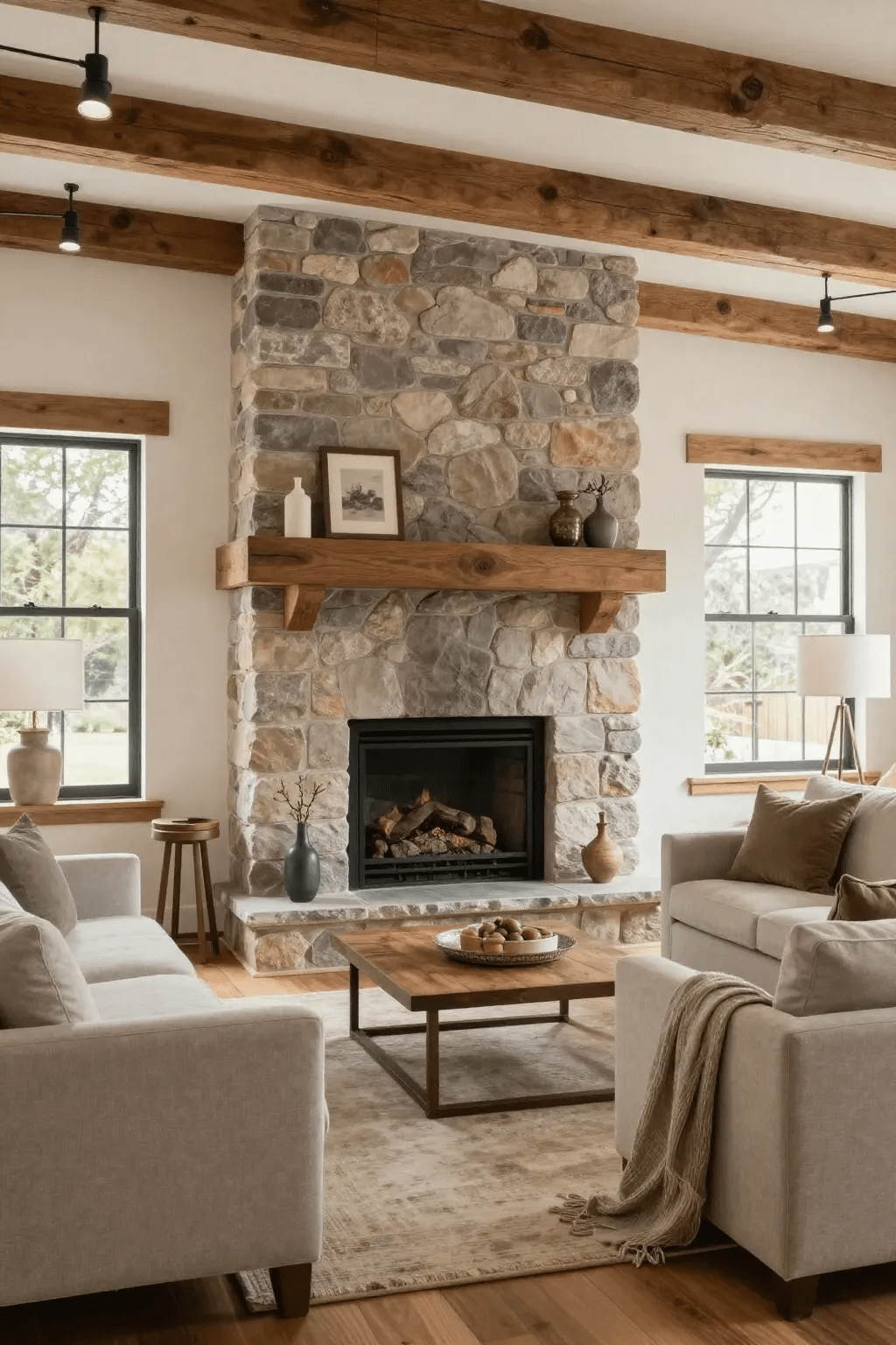 Stone fireplace with sofas in a living room