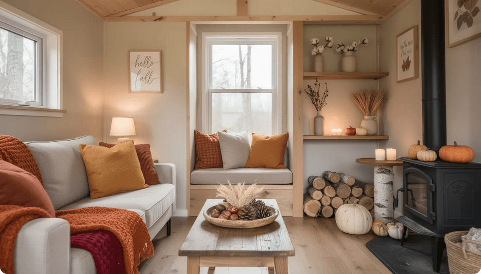 Autumn tiny home living room A cozy autumn tiny home is decorated with a neutral color palette accented by rich tones of burnt orange and deep red Natural elements like pinecones dried wheat stalks and seasonal textures create an inviting atmosphere perfect for fall