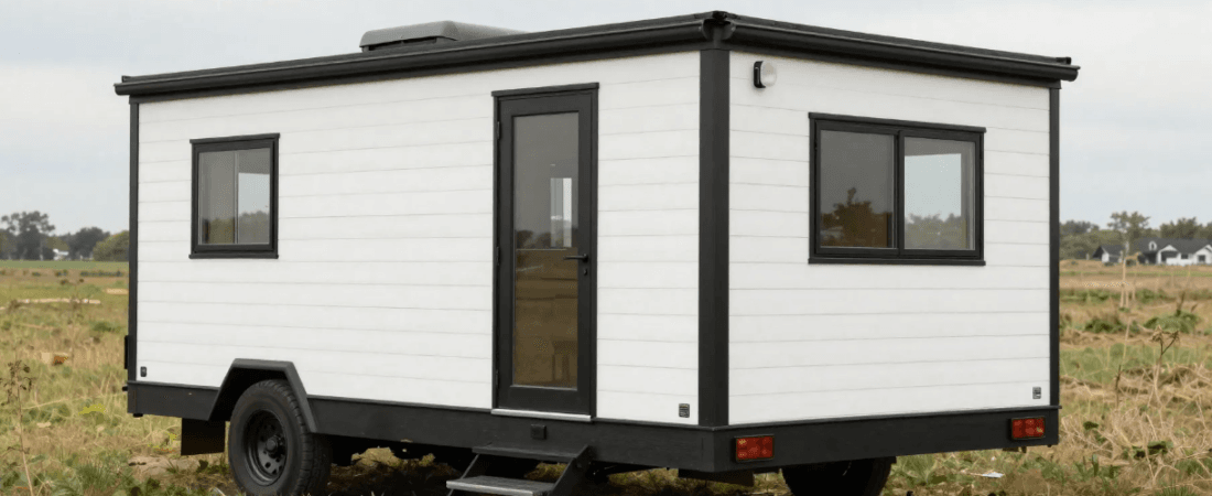 A black and white tiny house