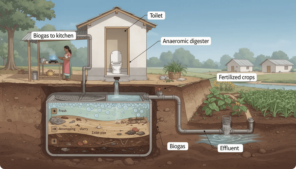The image depicts various biogas and anaerobic toilet systems designed for off grid living showcasing composting toilets and incinerating toilets that manage human waste efficiently These systems are compact and self contained making them suitable for remote locations while promoting sustainability and proper waste management
