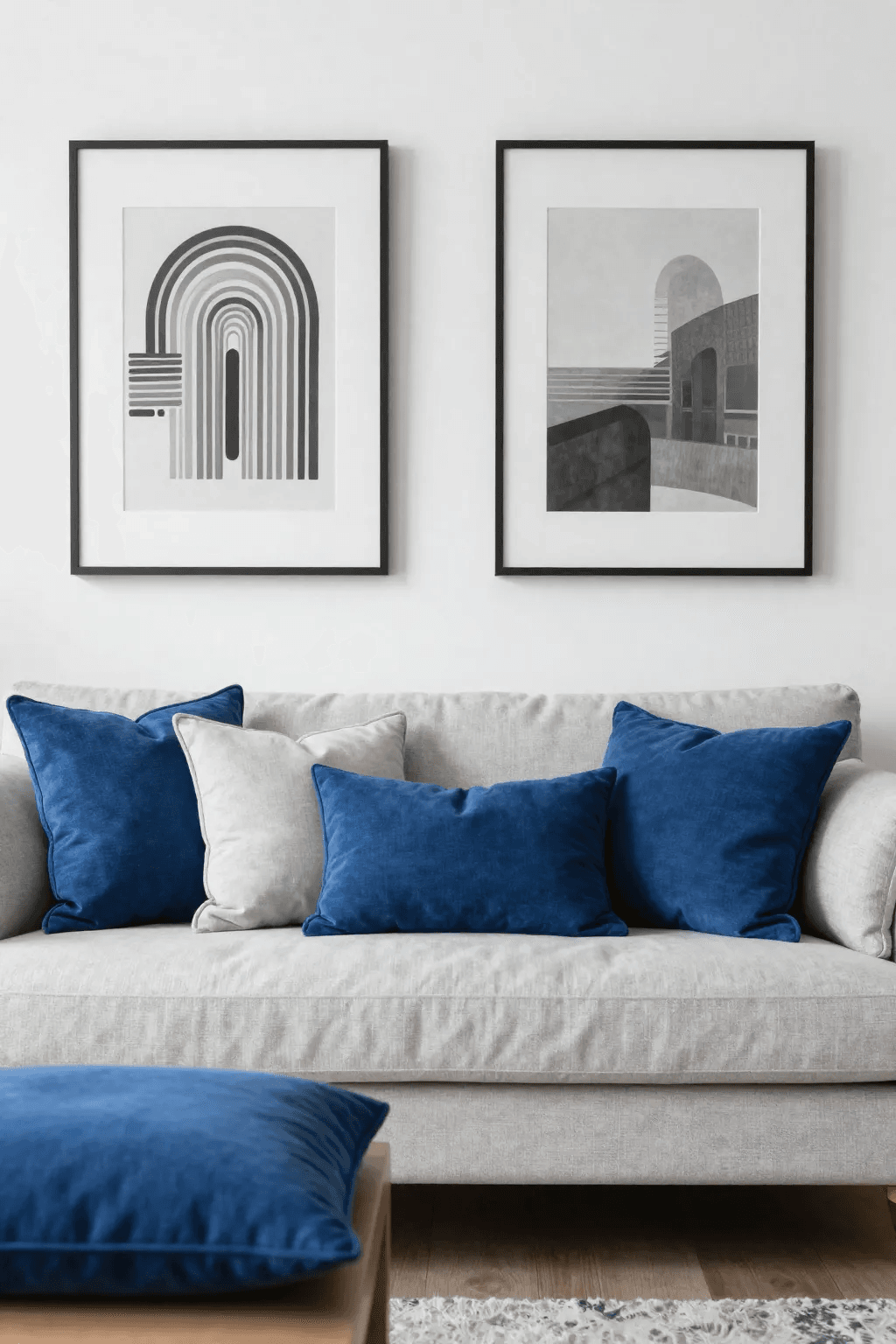 A blue and grey pillow on a grey sofa