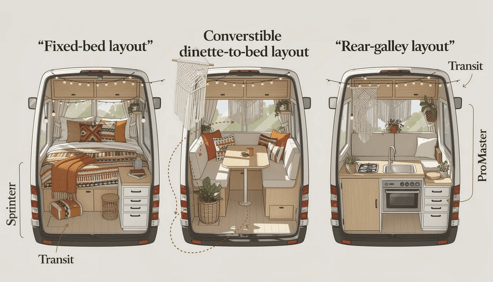 The image showcases various boho camper van layout examples featuring fixed bed convertible dinette to bed and rear galley configurations Each layout is designed to maximize space and reflect bohemian style with elements like cozy textiles warm lighting and functional areas for cooking and sleeping perfect for adventure seekers