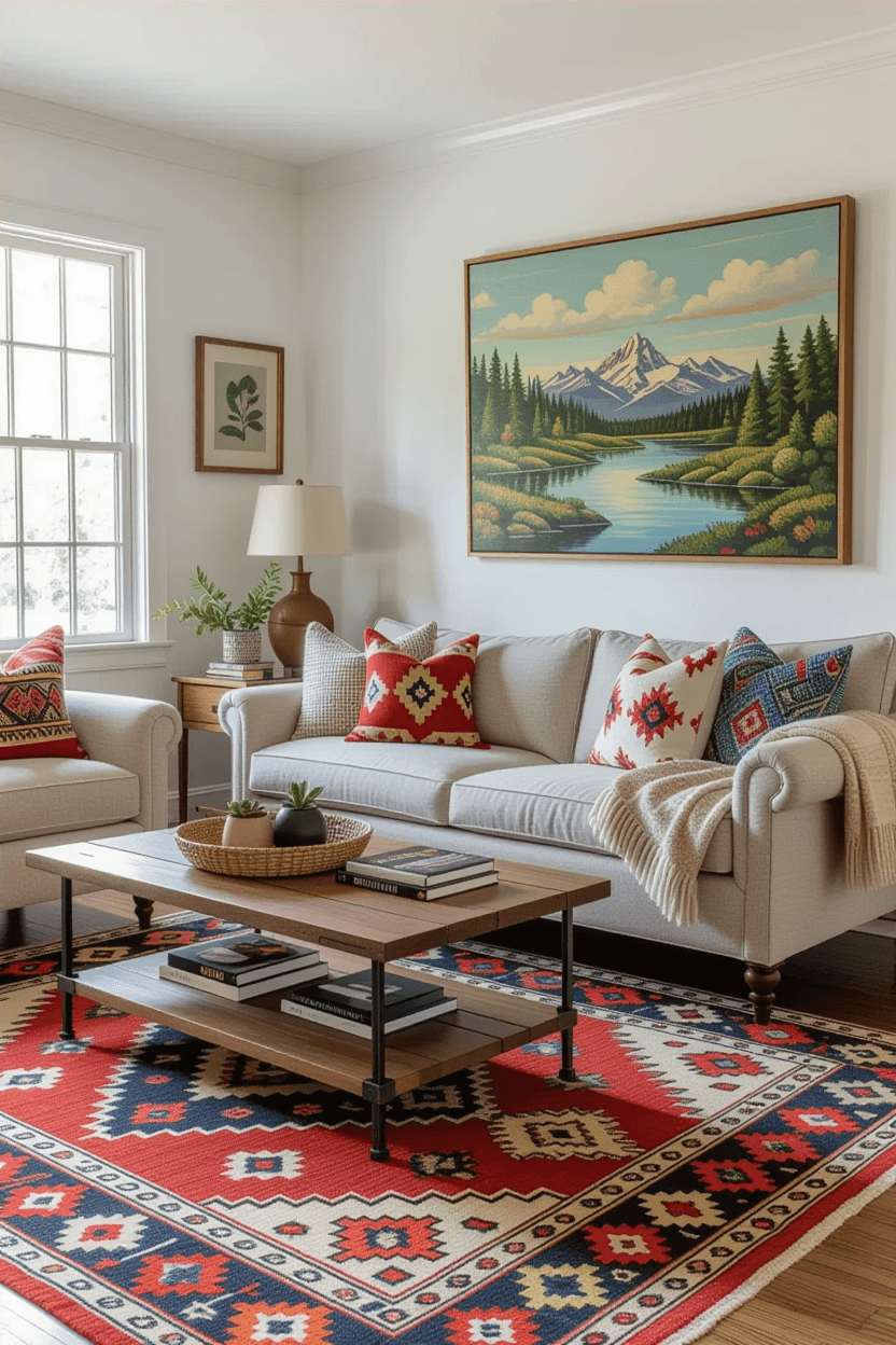 The image showcases a stylish living room decorated on a tight budget featuring multifunctional furniture and warm throw pillows that add visual interest Thoughtful design choices such as a vintage rug and carefully placed artwork create an inviting atmosphere that reflects personal style without overspending
