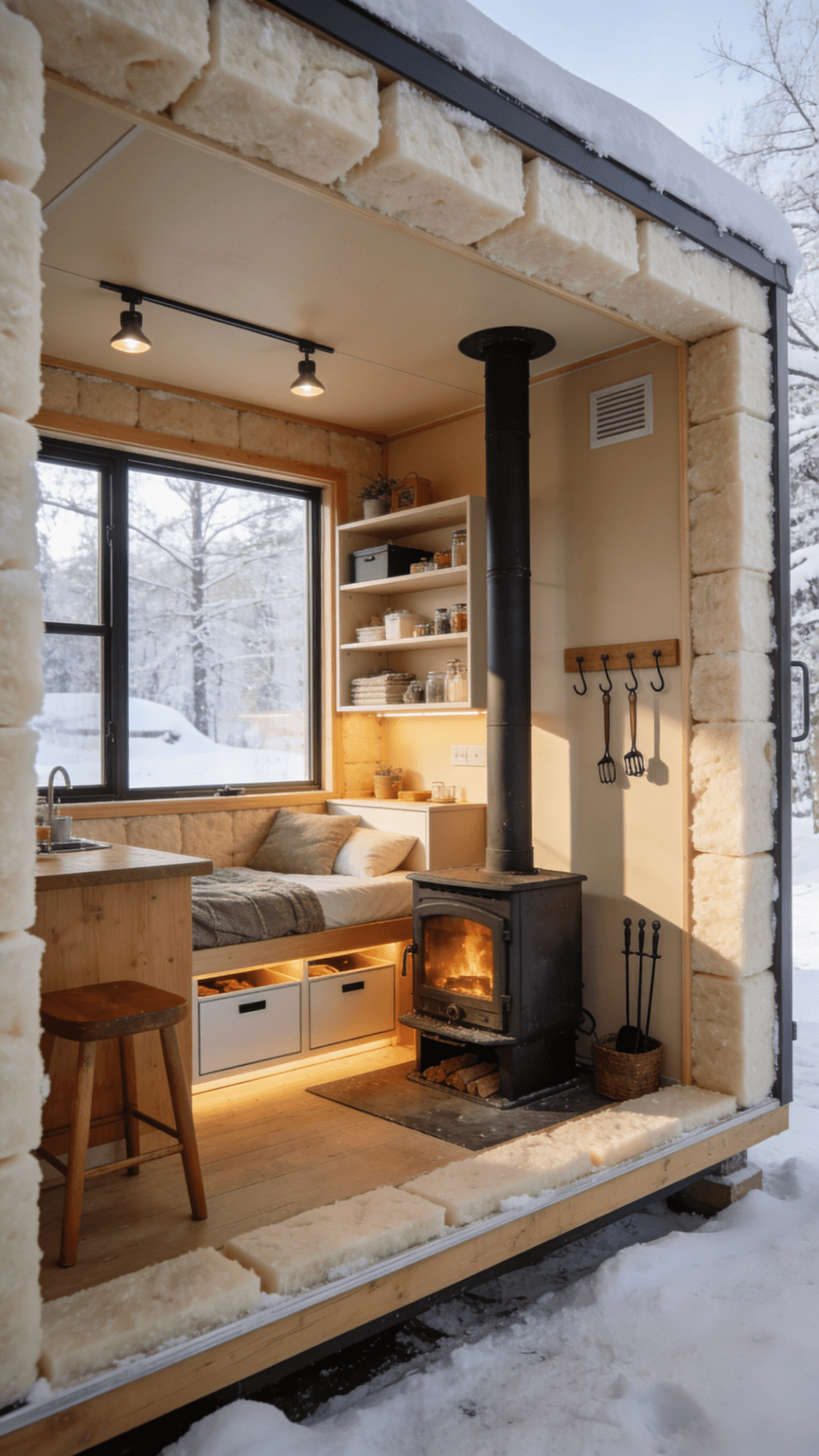 This image depicts a cozy tiny home designed for cold climates featuring a warm interior with clever storage hacks and a wood stove for heating The structure is well insulated with foam insulation ensuring energy efficiency even as temperatures drop outside while large windows allow sunlight to flood the space