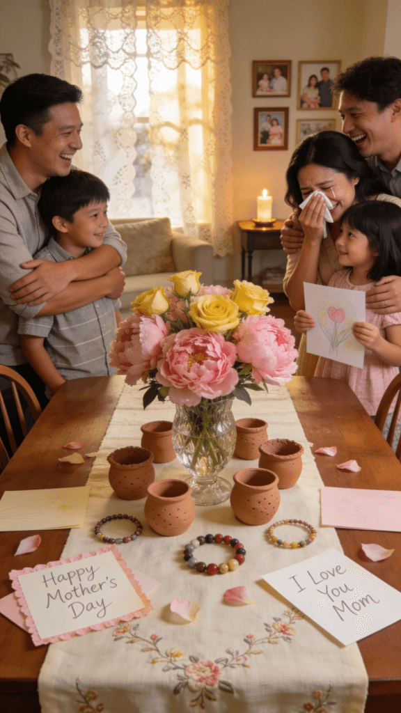 Celebrating mothers day The image depicts a warm and inviting setting for celebrating Mother's Day, featuring a beautifully arranged table adorned with flowers, handmade gifts, and handwritten notes expressing love and gratitude. Family members gather around, creating a cozy atmosphere that honors incredible women and the spirit of motherhood on this special holiday.