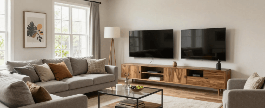 A cozy living room with a TV and sofas