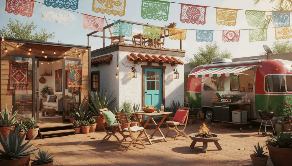 The image showcases creative tiny home ideas inspired by Cinco de Mayo celebrations featuring vibrant decorations colorful textiles and elements reflecting Mexican culture The design emphasizes a festive atmosphere suitable for celebrating this important Mexican holiday highlighting the rich heritage and traditions associated with the festivities